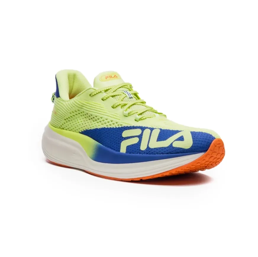 Tênis masculino Fila Racer Speedzone verde neon vista lateral com detalhes em laranja